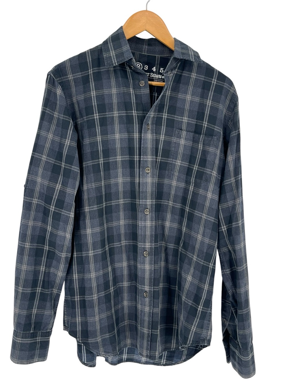 Earnest Sewn Men's Plaid Button Down Shirt Grey Black Size 2 Medium Roll Tab